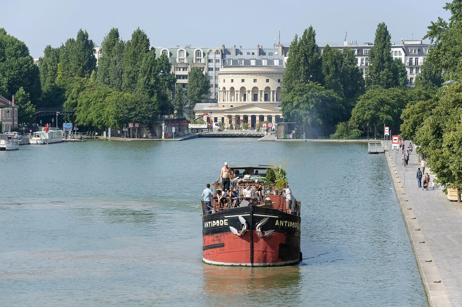 The Bassin de la Villette with the barge Antipode and the rotunda behind