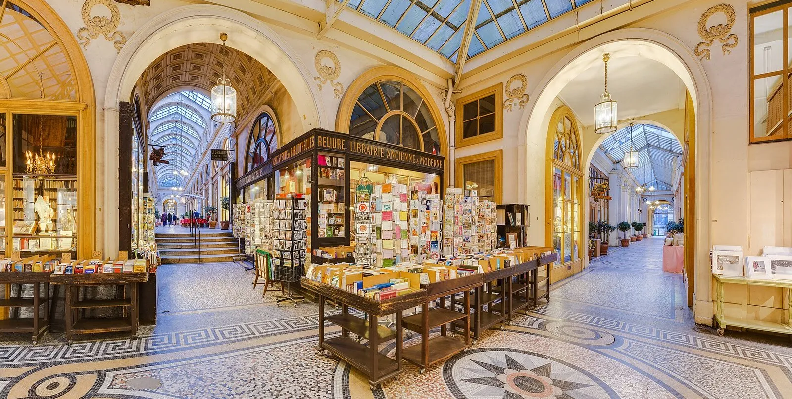 The Galerie Vivienne with its glass roof, mosaics and bookshop